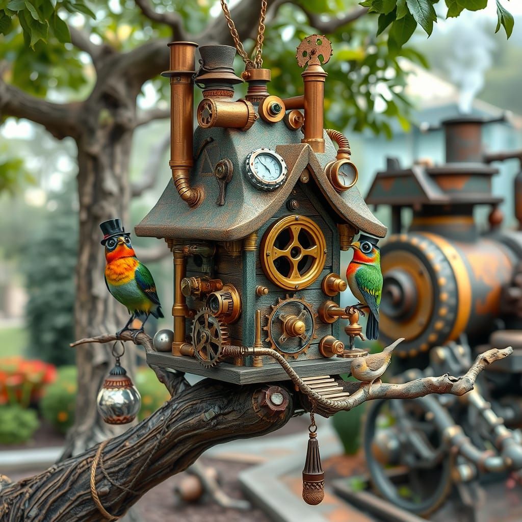 Steampunk Birdhouse with Birds in Whimsical Park