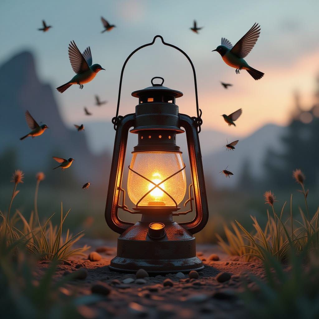 A rusty, rustic miner lamp attracting noisily flying birds, moths and bugs