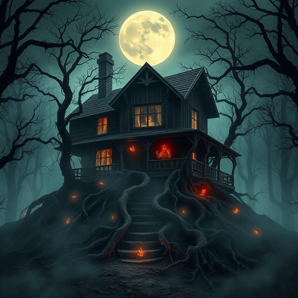 Ominous Haunted Cabin in Mist-Shrouded Forest