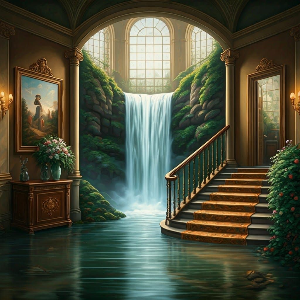 Waterfall Oil Painting Cascading Down Interior Staircase
