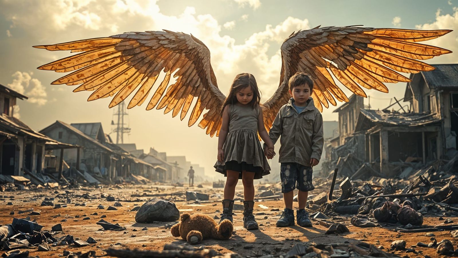 Fallen Angel Wings in Post-Apocalyptic Landscape