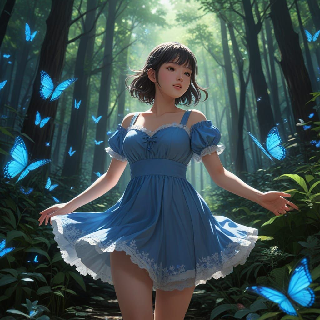 Anime Girl Dances in Bioluminescent Butterfly Forest