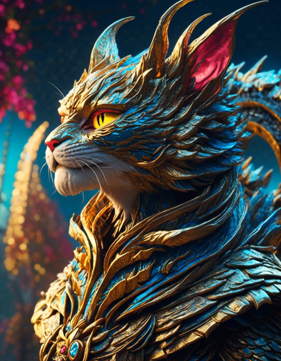 Cat-Headed Dragon in Magic Forest at Sunset