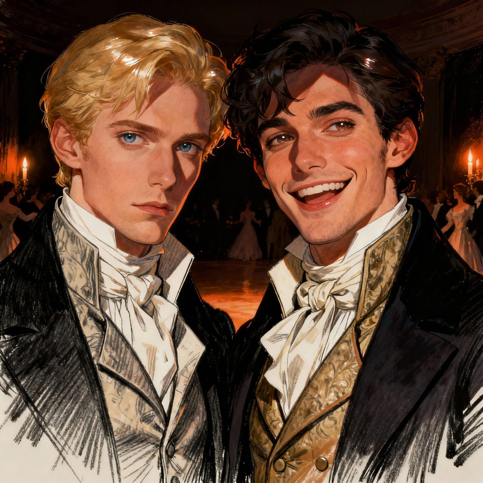 Regency Noblemen in Dramatic Ballroom Scene