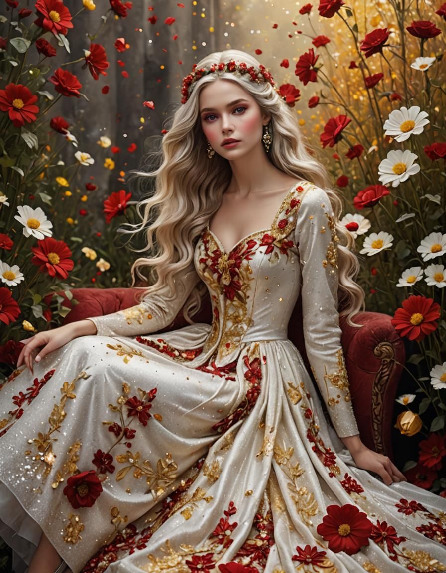 Fantasy Lady with Glittering Dress and Flowers
