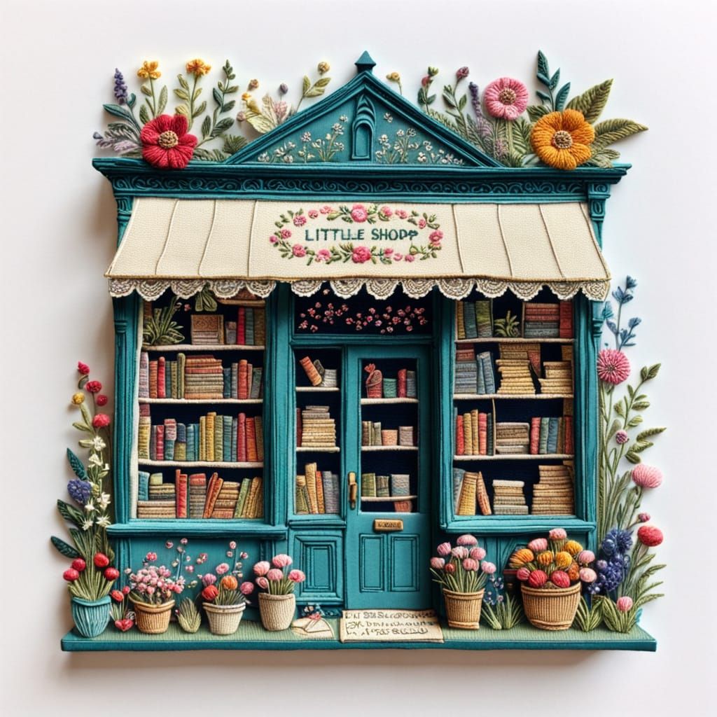 Embroidered Little Bookshop with Flowers and Vintage Details