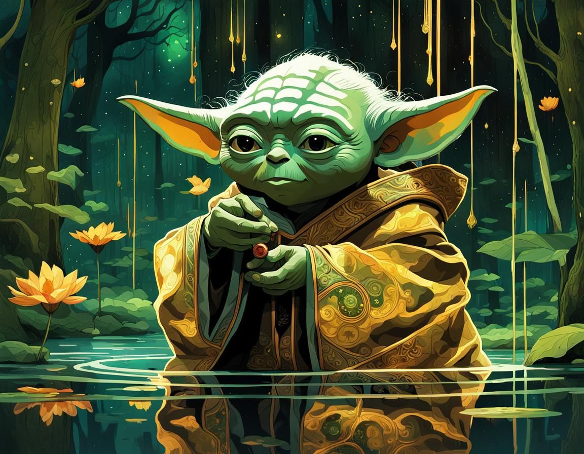 Disney Yoda and Mirrored Reflection in Watercolor