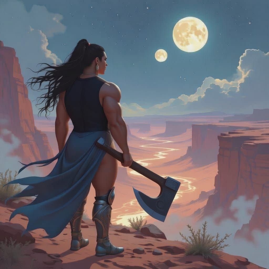 Muscular Warrior Woman on Alien Planet Overlooking Glowing C...