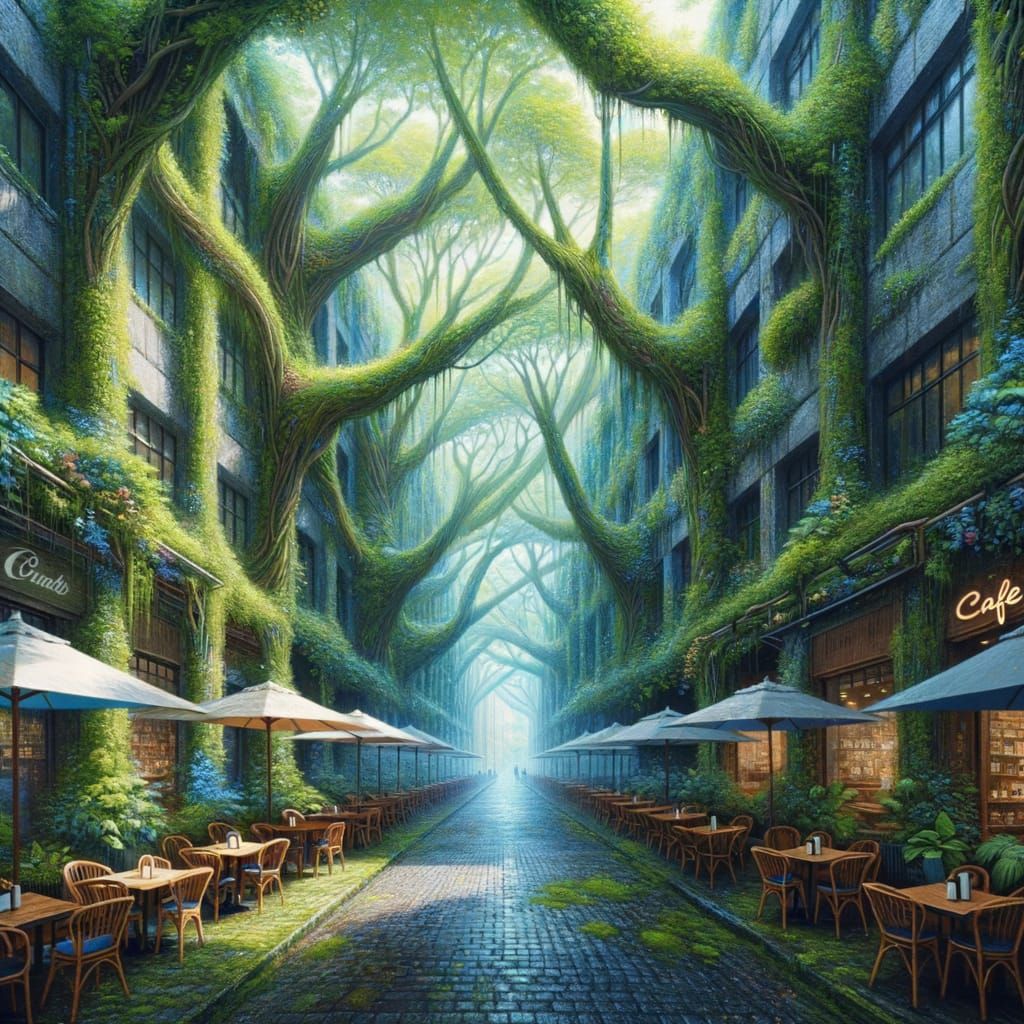 Rainforest Cityscape in Impressionist Style