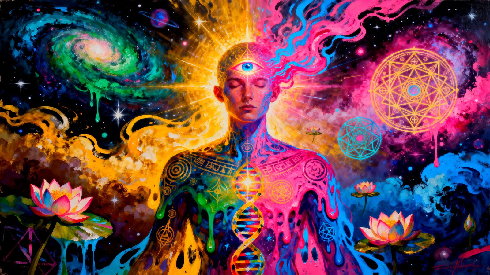 Human Ascends to Higher Consciousness in Psychedelic Light