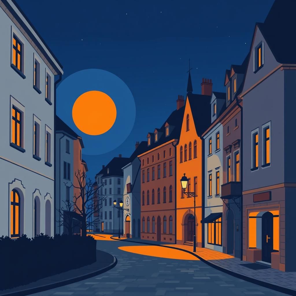 Cubist Village Painting with Geometric Forms