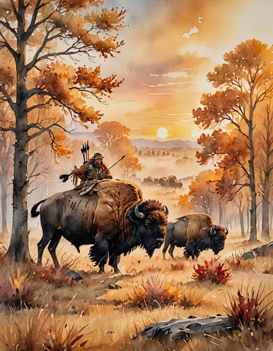 Watercolor Bison in Autumn Prairie Landscape