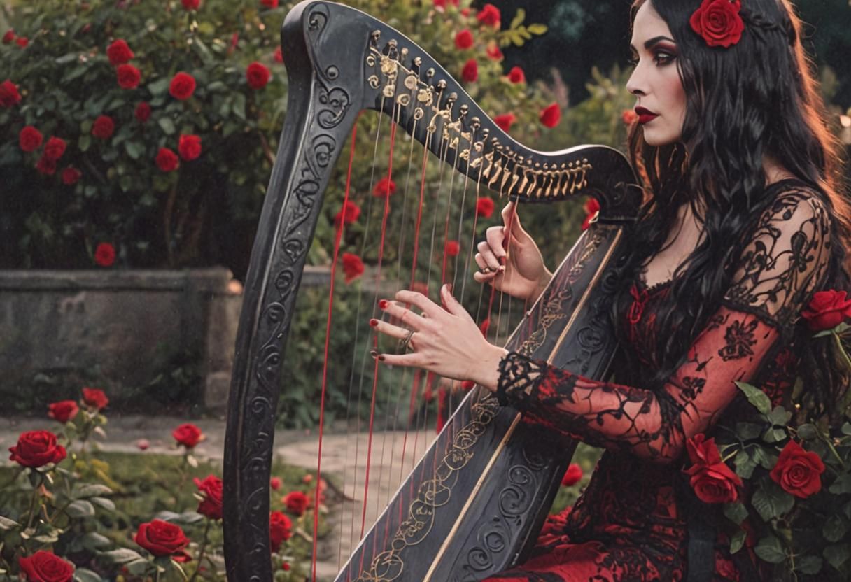 Gothic Fairy Playing Harp in Rose Garden