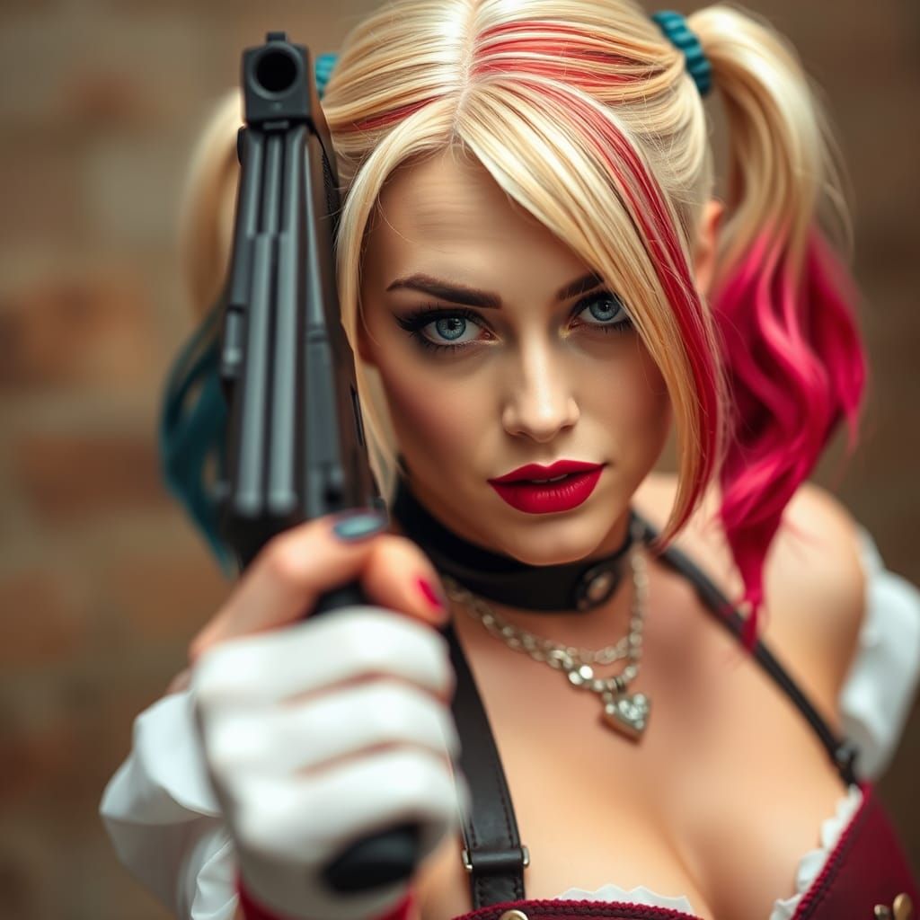 Harley Quinn Close Up: Intense Gunpoint Portrait