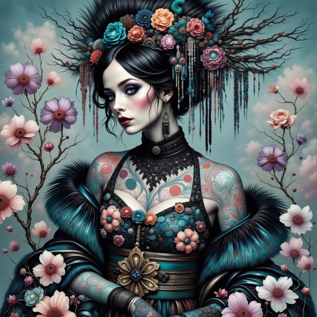 Goth-Punk Geisha with Cherry Blossom Tattoos