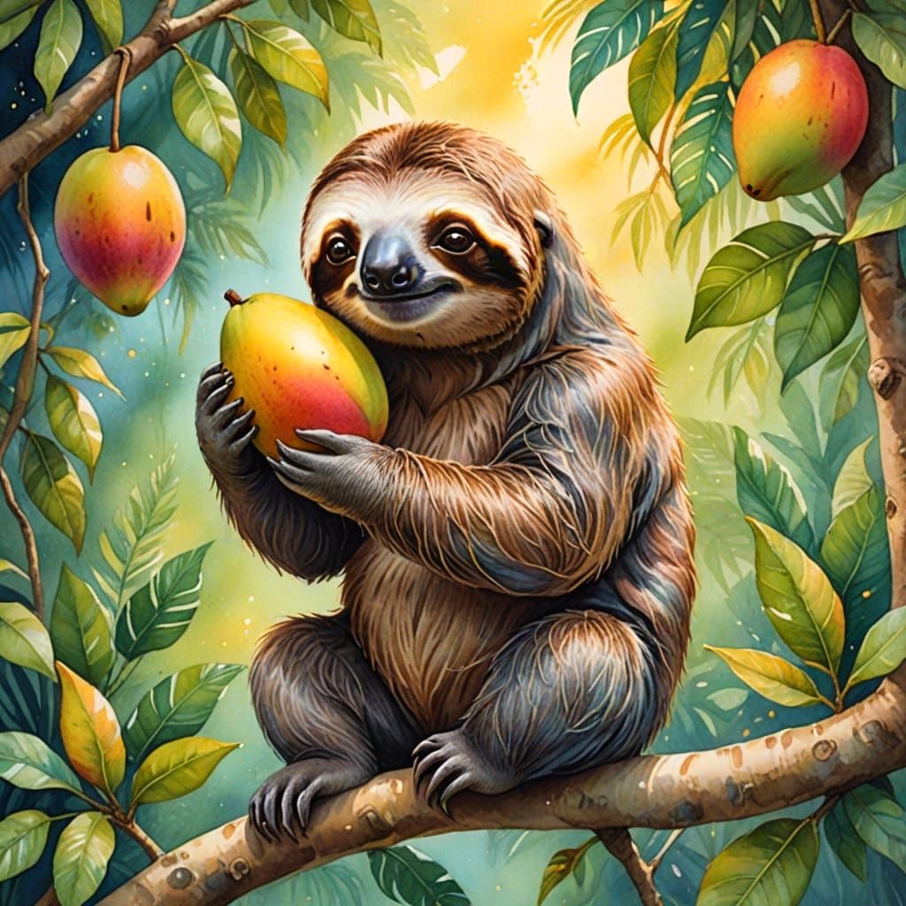 Whimsical Watercolour Sloth Mage with Glowing Mango