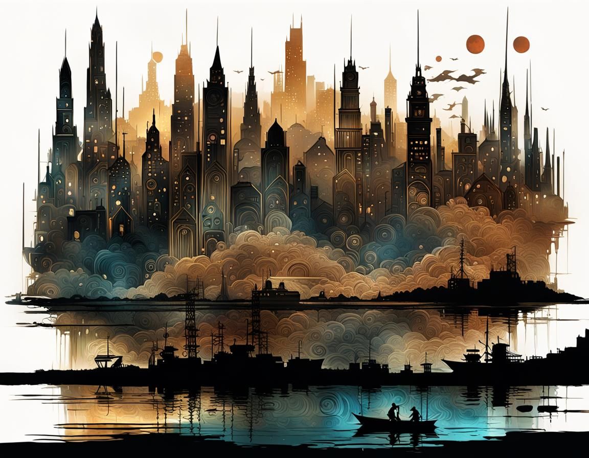 Detailed Metalwork Cityscape Sculpture in Dark Fantasy Style