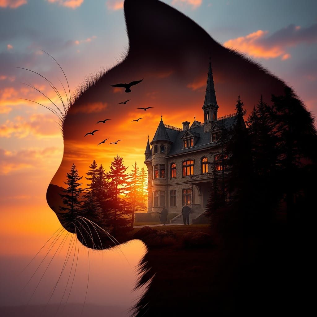 Fantasy Cat Silhouette with Forest Sunset and Spooky Mansion
