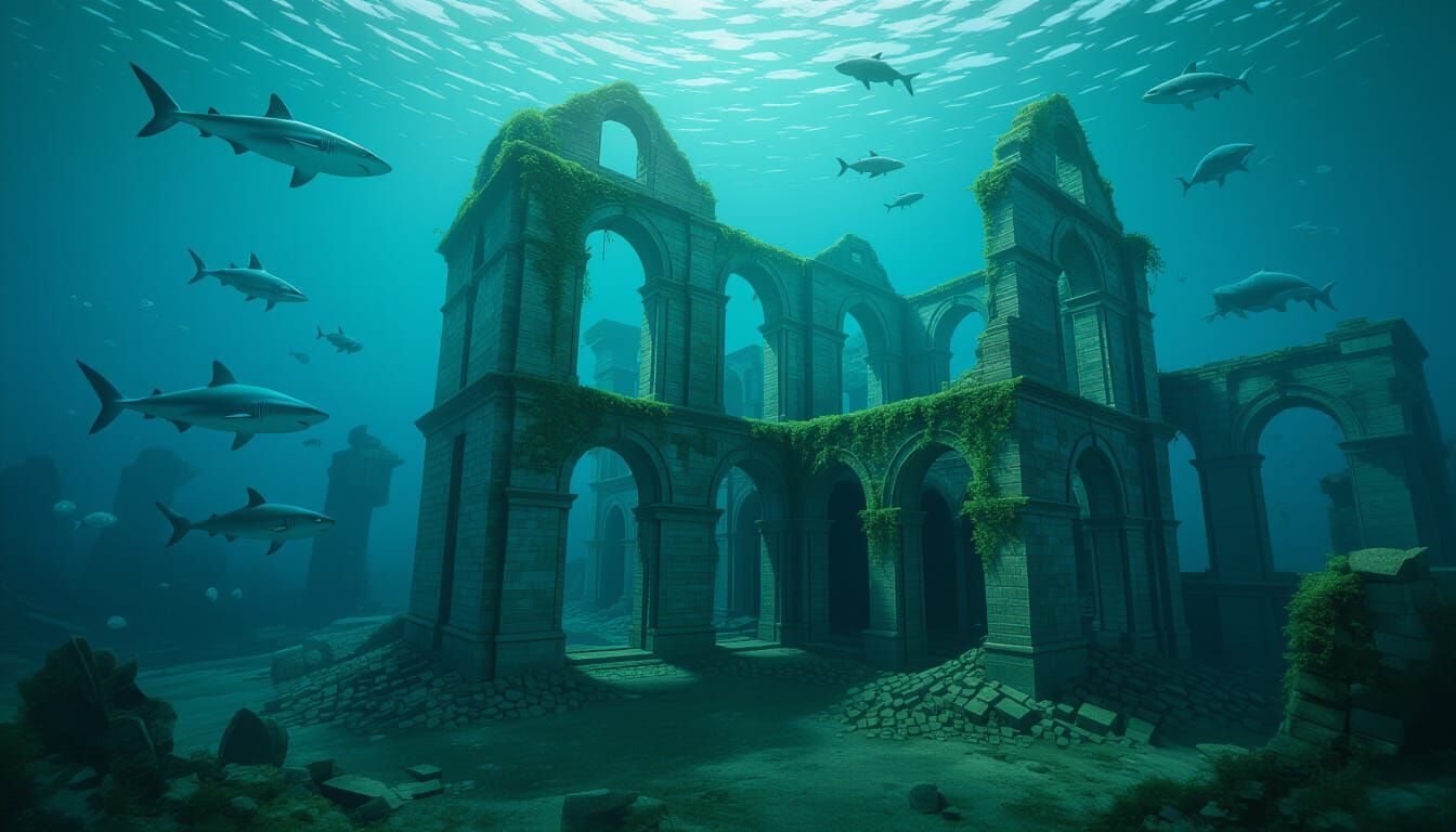 Underwater Ruined Cityscape with Sharks