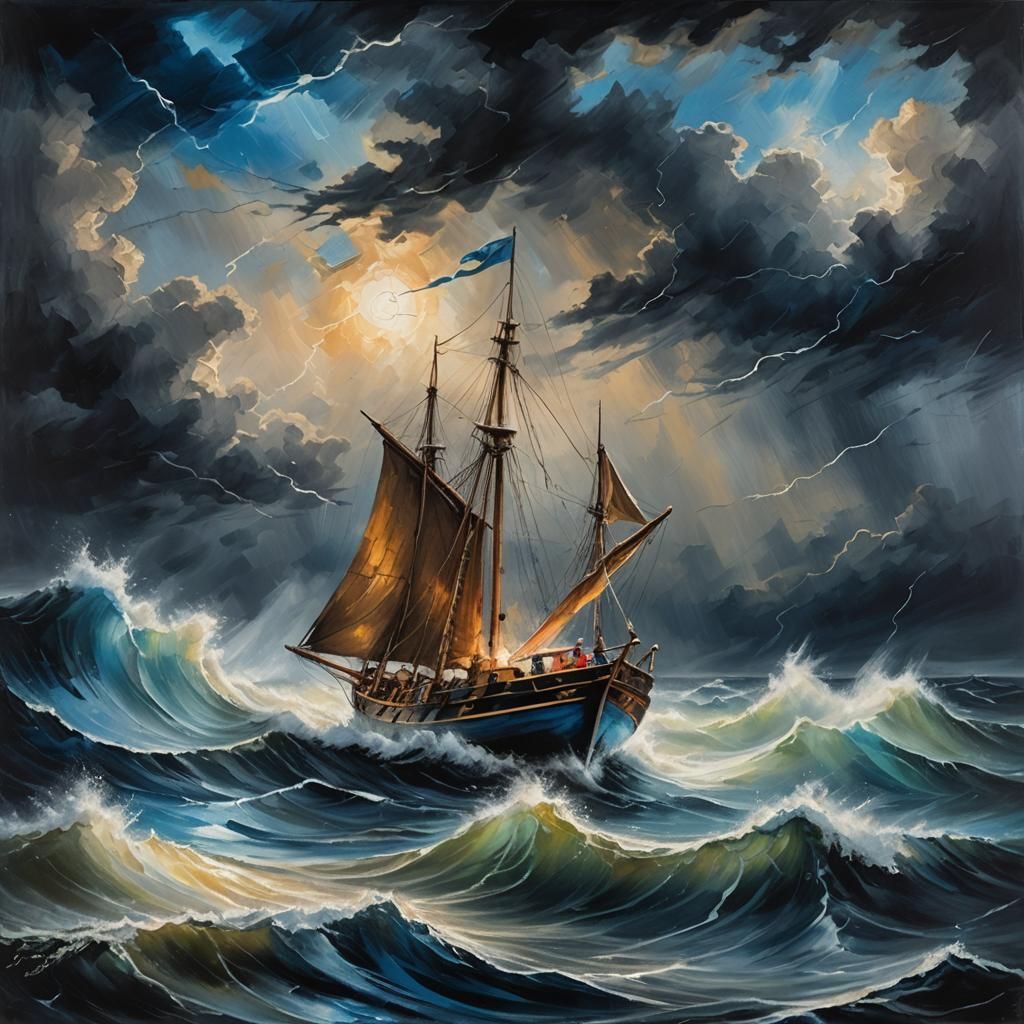 Stormy Seascape: Sailboat in a Moody Oil Painting