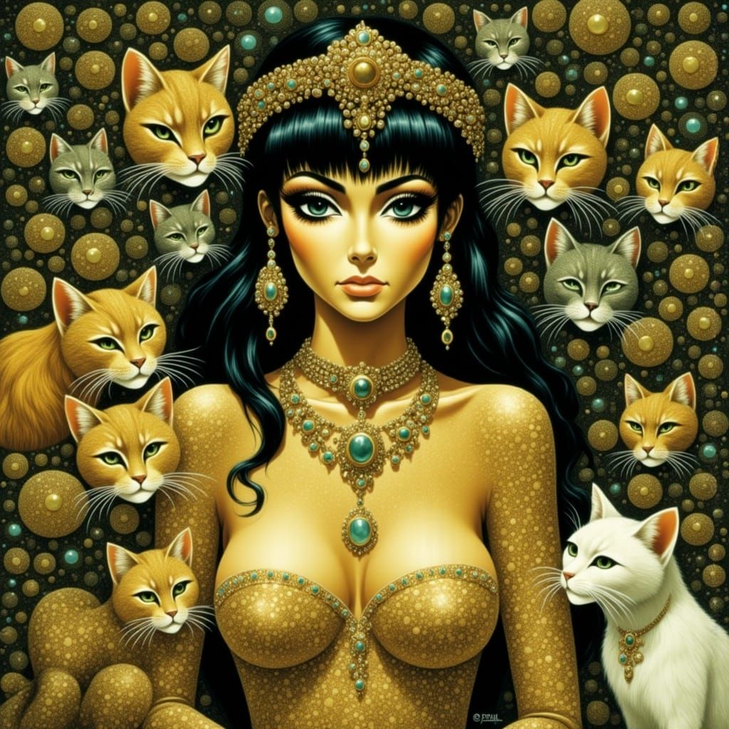 Mystical Woman Among Whiskered Cats in a Tarot-Inspired Scen...