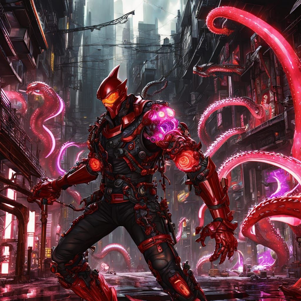 Cyberpunk Ninja Warrior Fighting Biomechanical Monsters