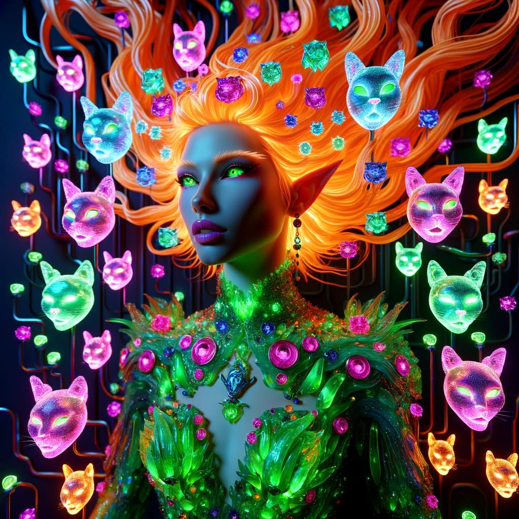 Multicolored Glass Cats and a Neon-Lit Elf in a Rave Ambienc...