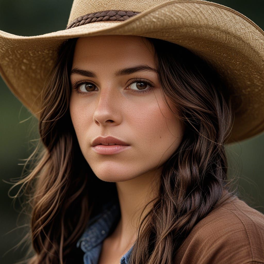 Hyperrealistic Portrait of Woman in Cowboy Hat