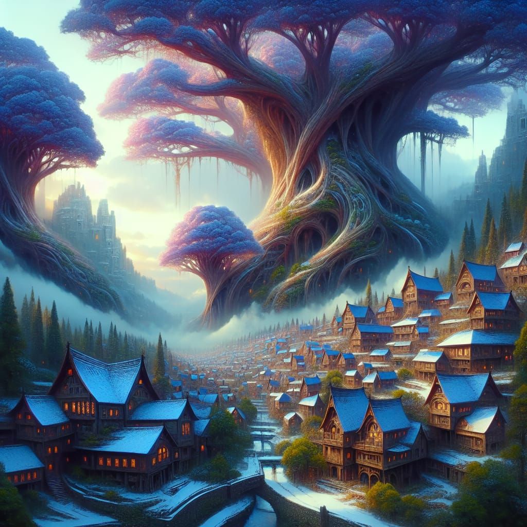 Enchanting Giant Tree Homes in Matte Painting Style