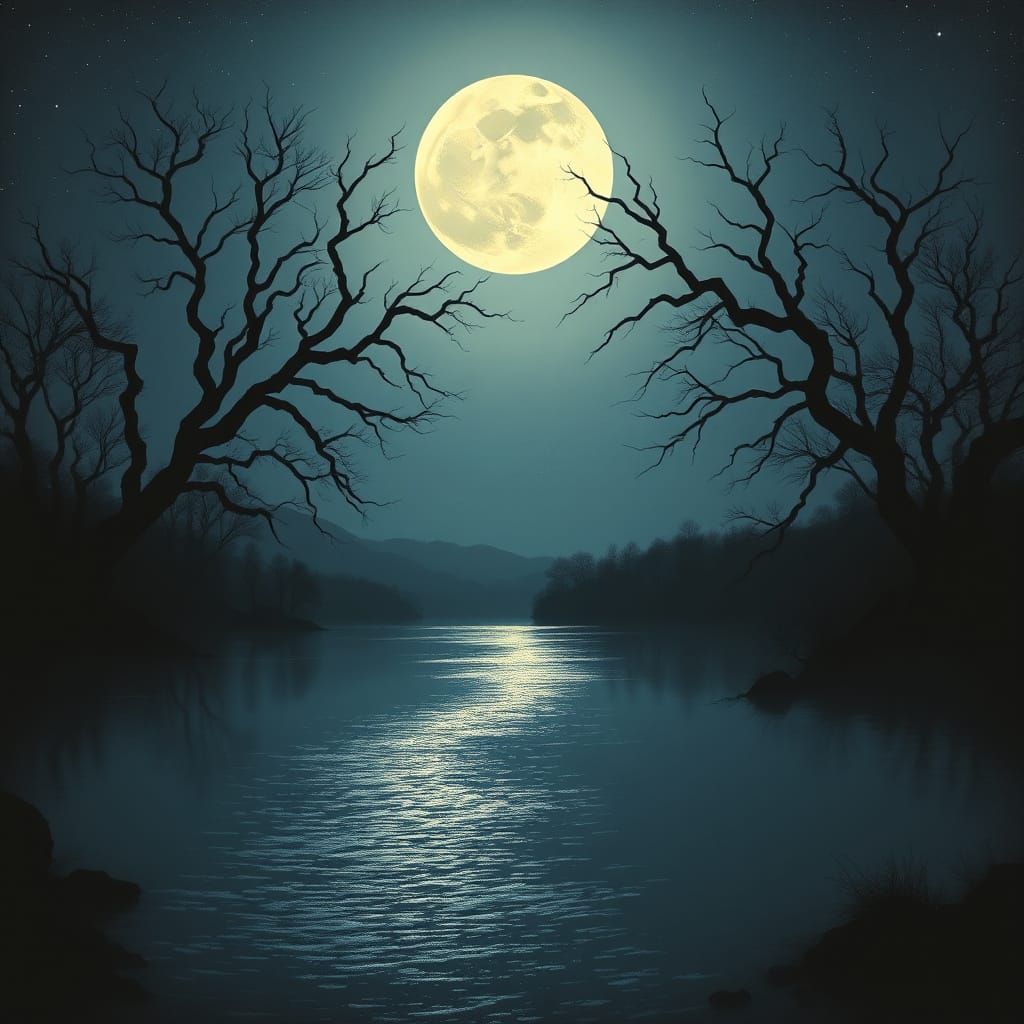 Dreamlike Surrealist Moonlit Lake Landscape