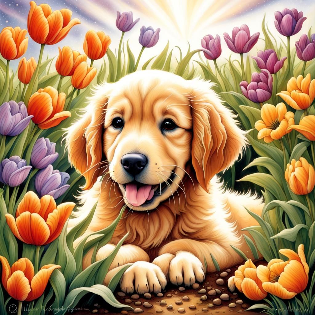 Golden Retriever Puppy's Mischief in a Tulip Garden
