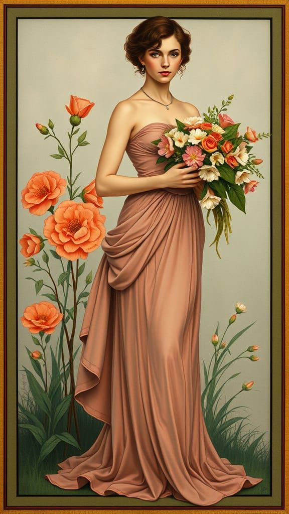 Serious Lady in Springtime Art Nouveau Painting
