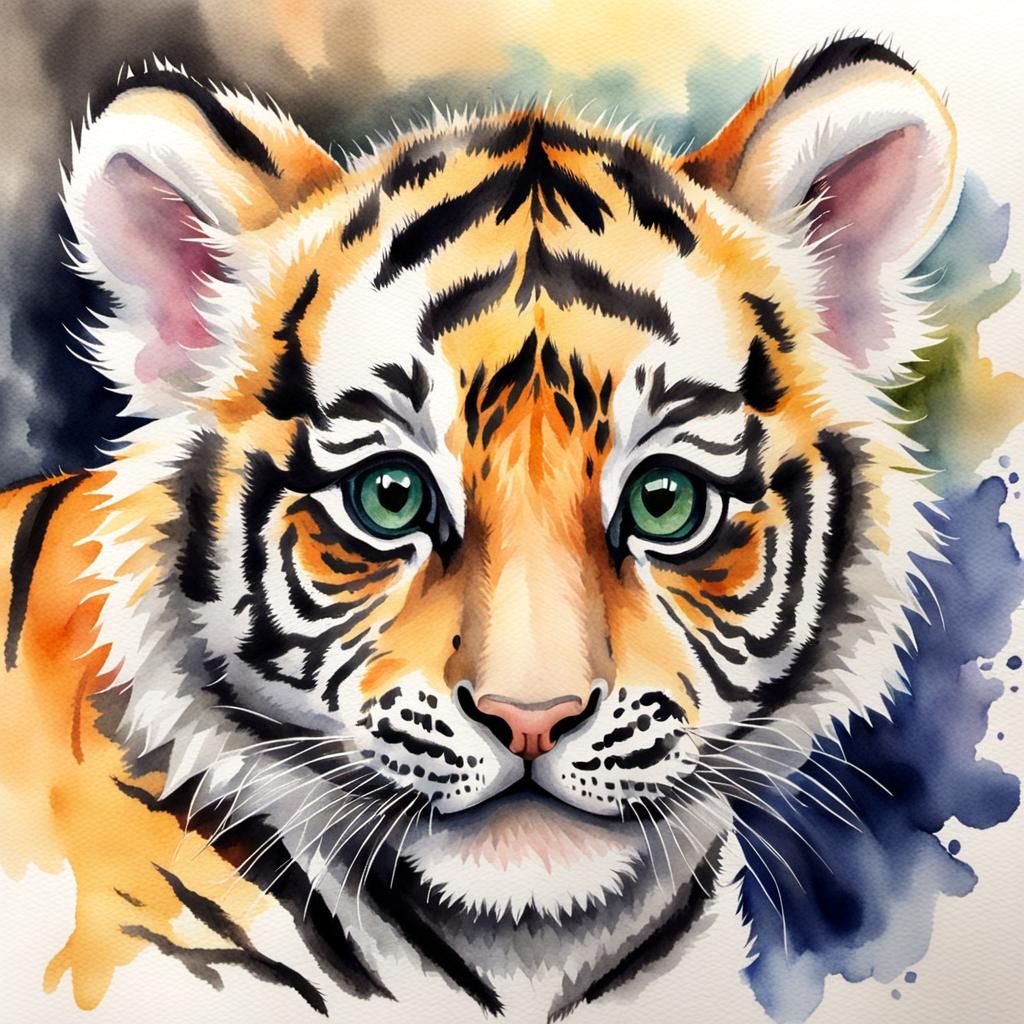 Watercolor Painting of a Playful Tiger Cub