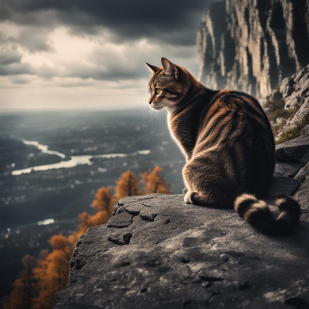 Sad Cat on Cliff Edge in Hyperrealistic Style