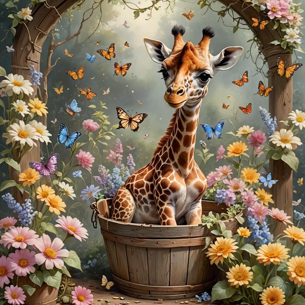 Baby Giraffe in Bucket, Beatrix Potter Style