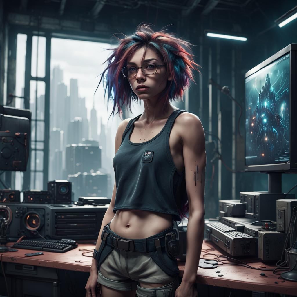 Teen Hacker in Dystopian Fantasy, Detailed Matte Painting