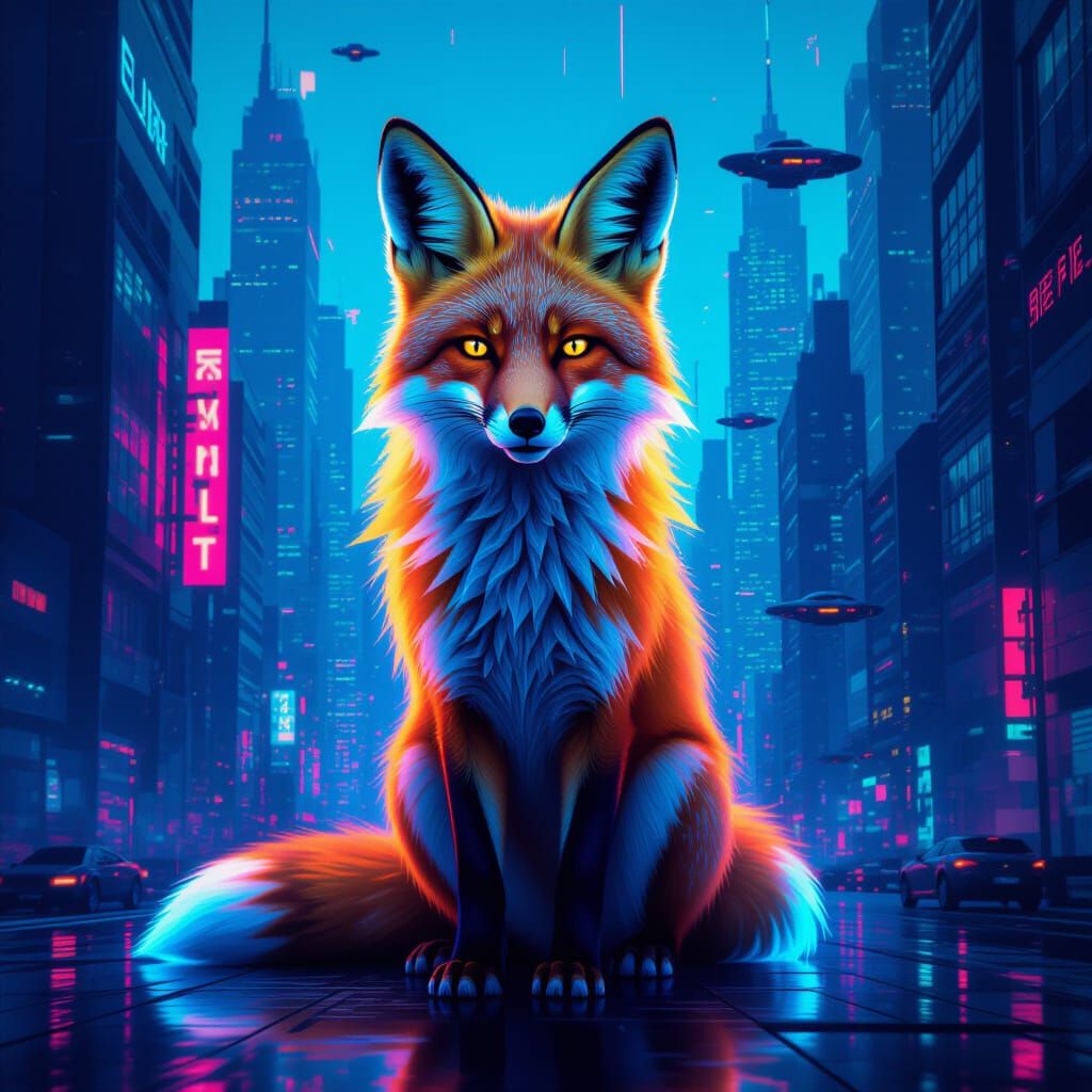 Bioluminescent Fox in Glitch Art Style Cityscape