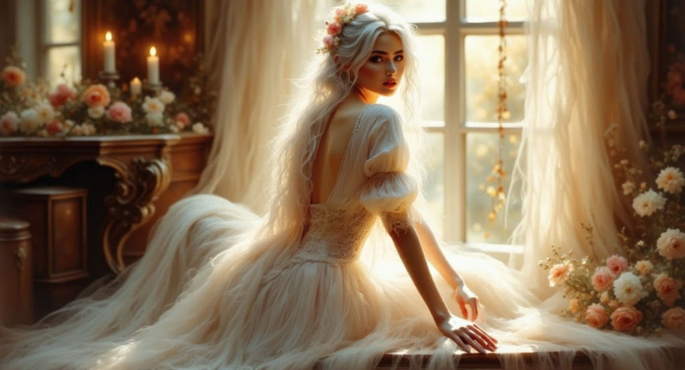 Whimsical White-Haired Woman Waiting in Watercolor