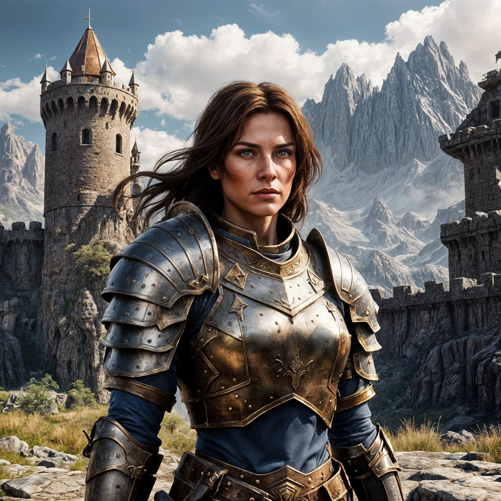 Regal Warrior Lady in Majestic Armor Outside Castle Walls