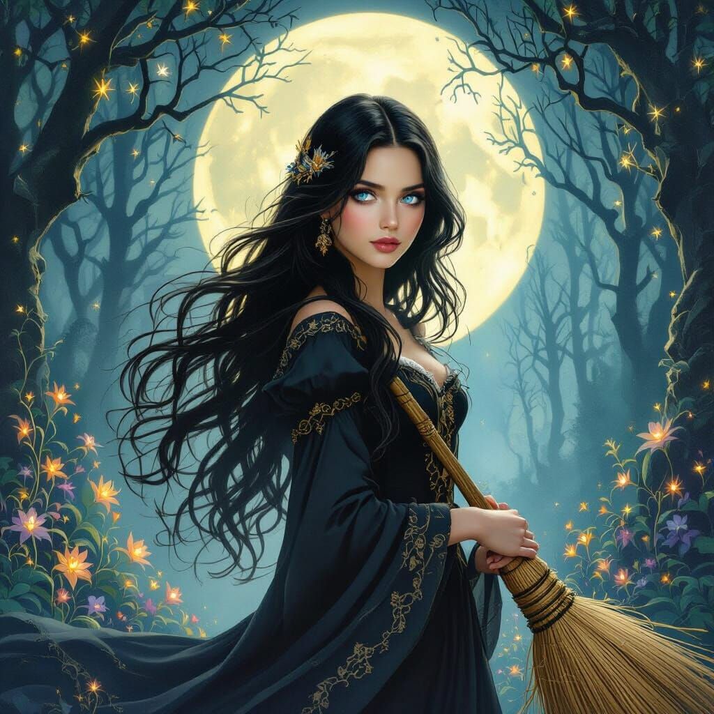 Mystical Witch with Blue Eyes and Gold Broom in Moonlit Fore...