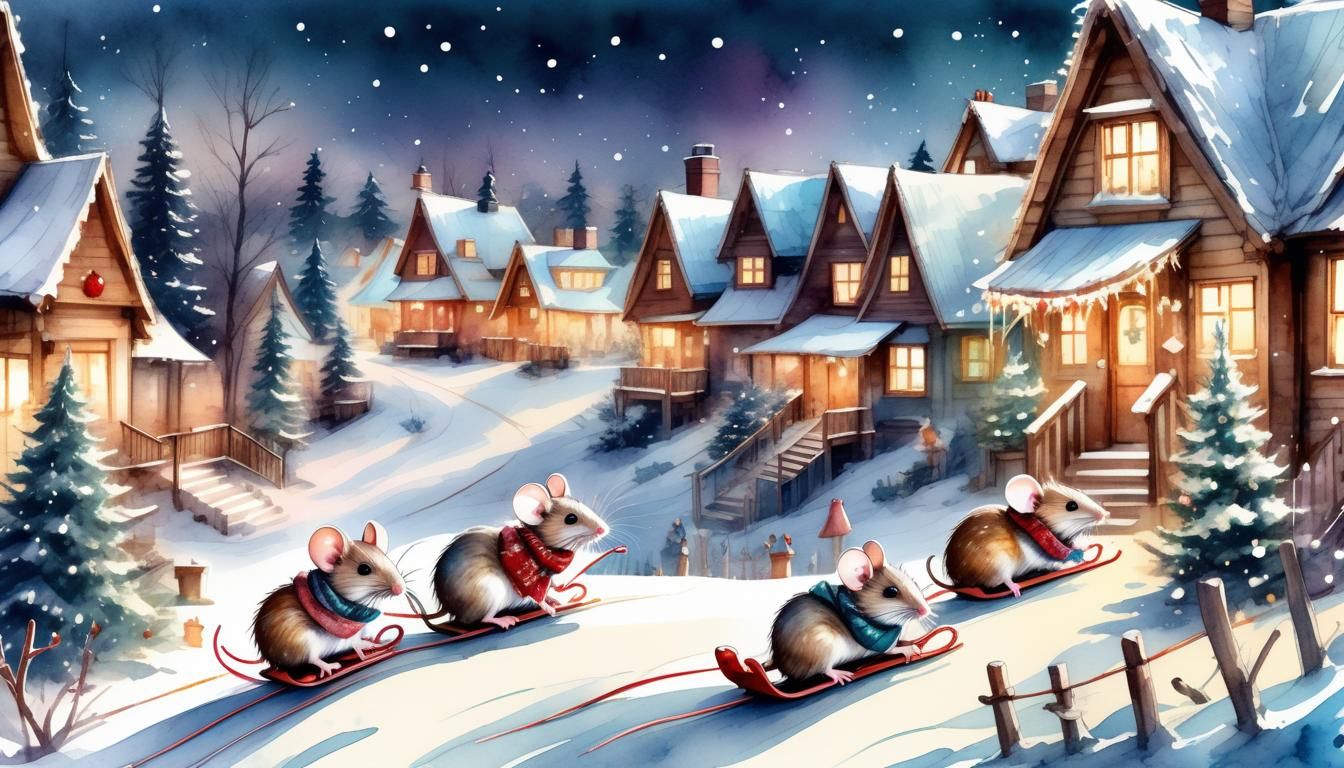 Mice Sledding Through Christmas Village, Watercolor Art
