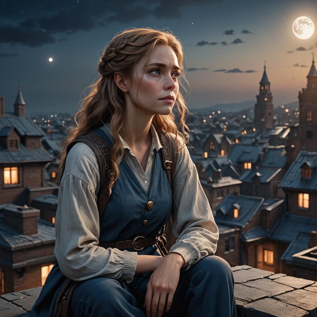 Troubled Janet Watches Moon From Rooftop