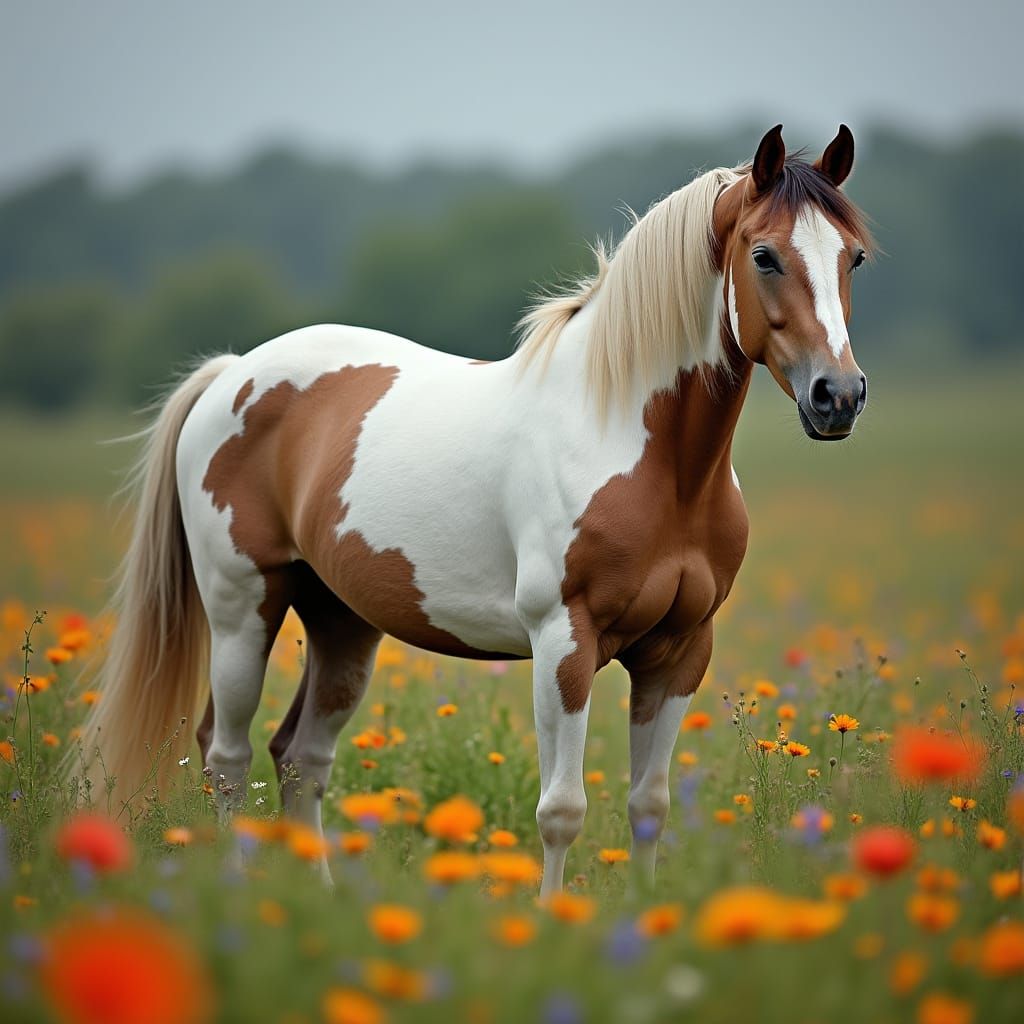 Paint Horse in Wildflower Meadow, Realistic Photography