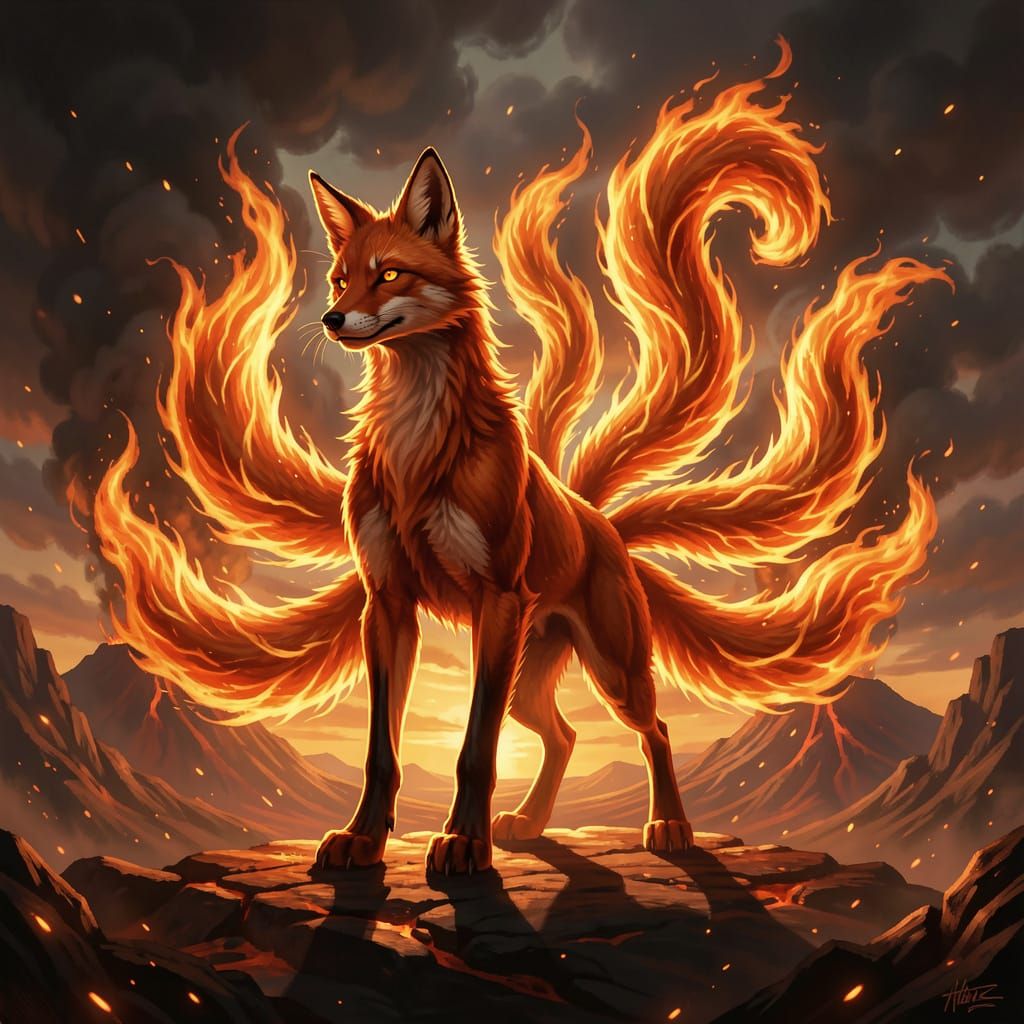 Fiery Kitsune in Volcanic Landscape