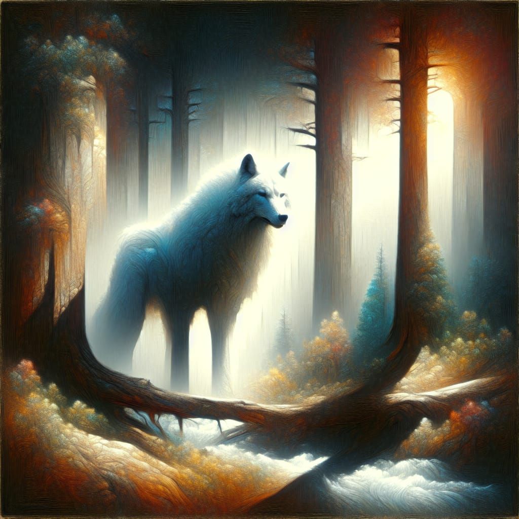 Colossal White Wolf in Enchanted Forest