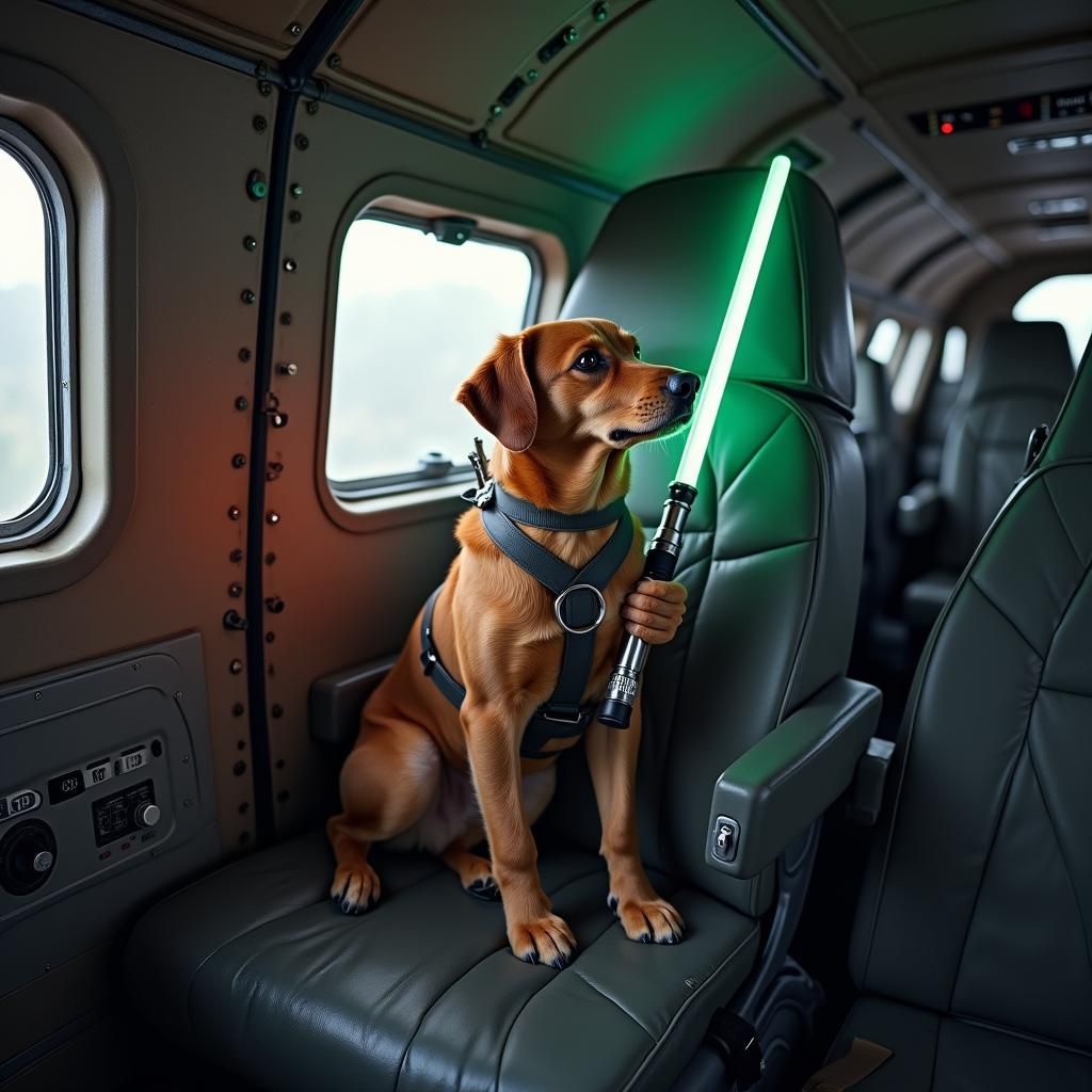 Armored Dog with Lightsaber on Military Plane