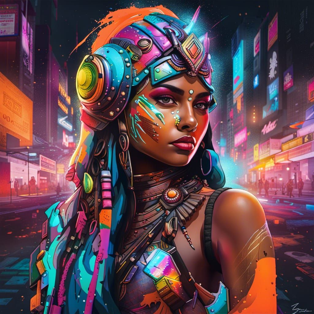 Futuristic Indian Goddess in Neon City Graffiti Art