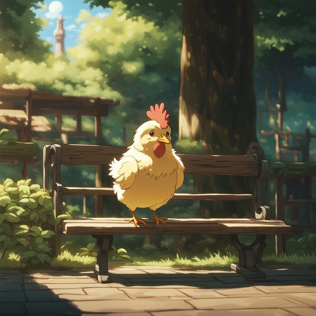 Cute Chicken on Bench in Ghibli Anime Style