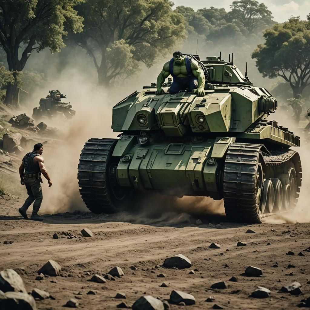 Hulk Lifts Tank on Bloody Battlefield: Cinematic Film Still