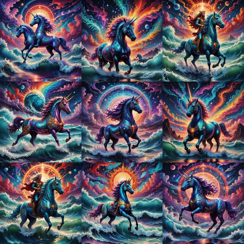 Cosmic Unicorn Rides Ocean Waves in Vibrant Holographic Styl...